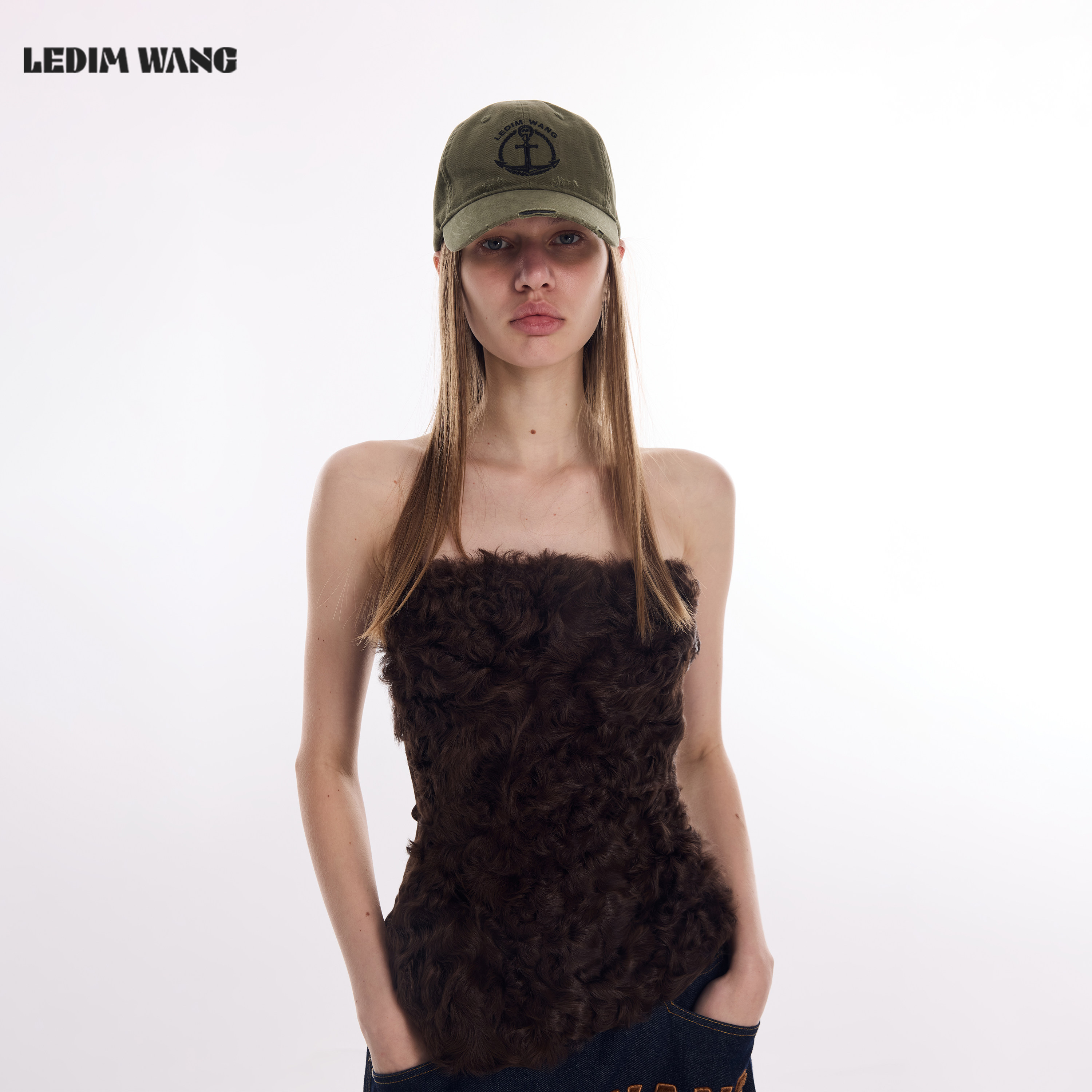 LEDIM WANG小湖羊皮毛一体抹胸皮草冬新款棕色绒感紧身内搭上衣
