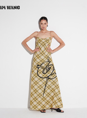 LEDIM WANG白标/度假风格纹印花A摆吊带连衣裙女25秋新款黄色长裙