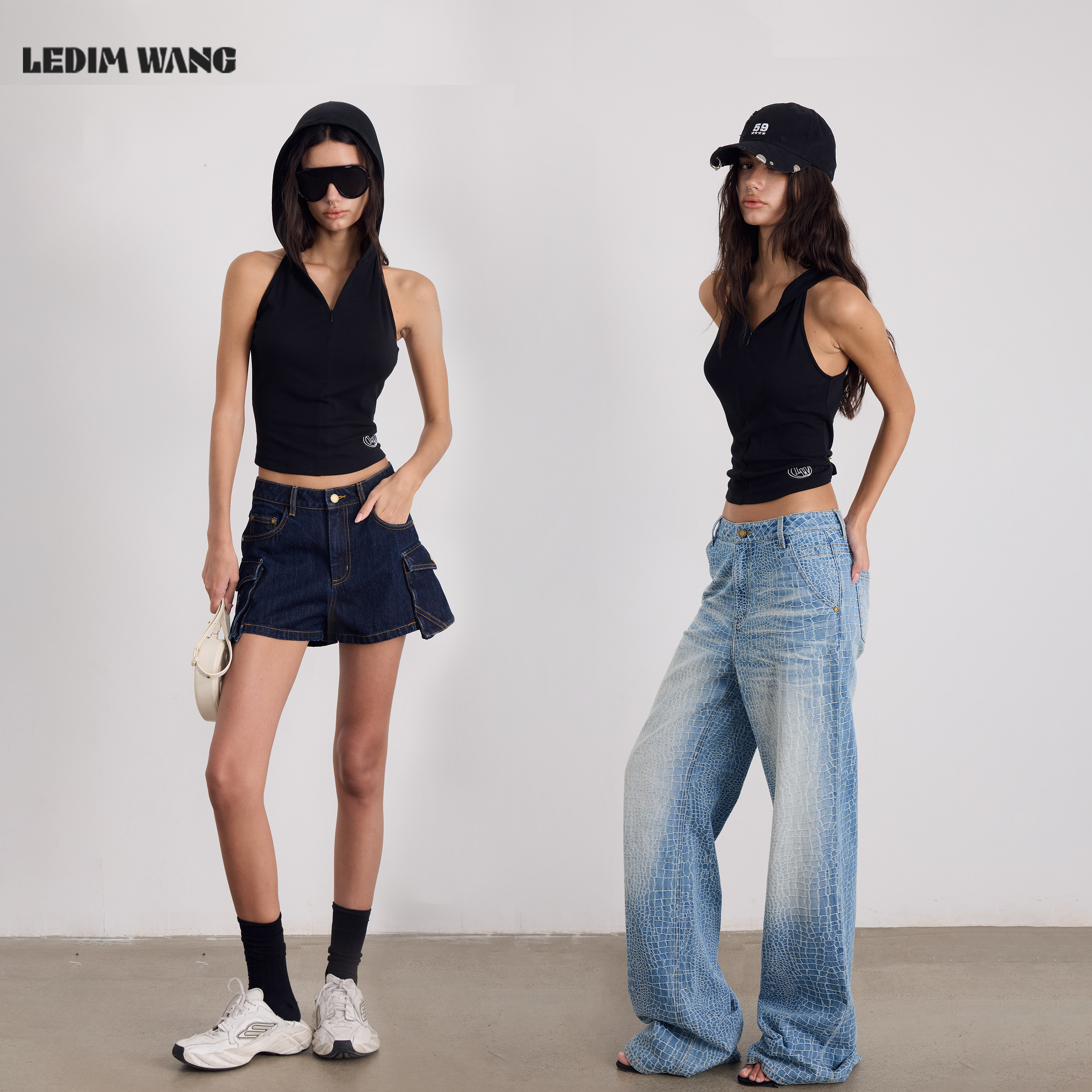 LEDIM WANG高弹修身连帽工字背心女黑色基础百搭运动上衣26夏新款