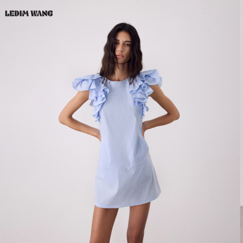 LEDIMWANG法式荷叶边露肩连衣裙