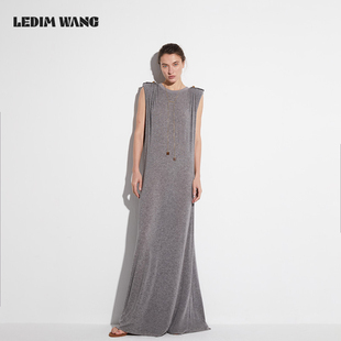圆领无袖 新款 直筒开叉气质长裙 WANG纯色针织连衣裙女春夏季 LEDIM