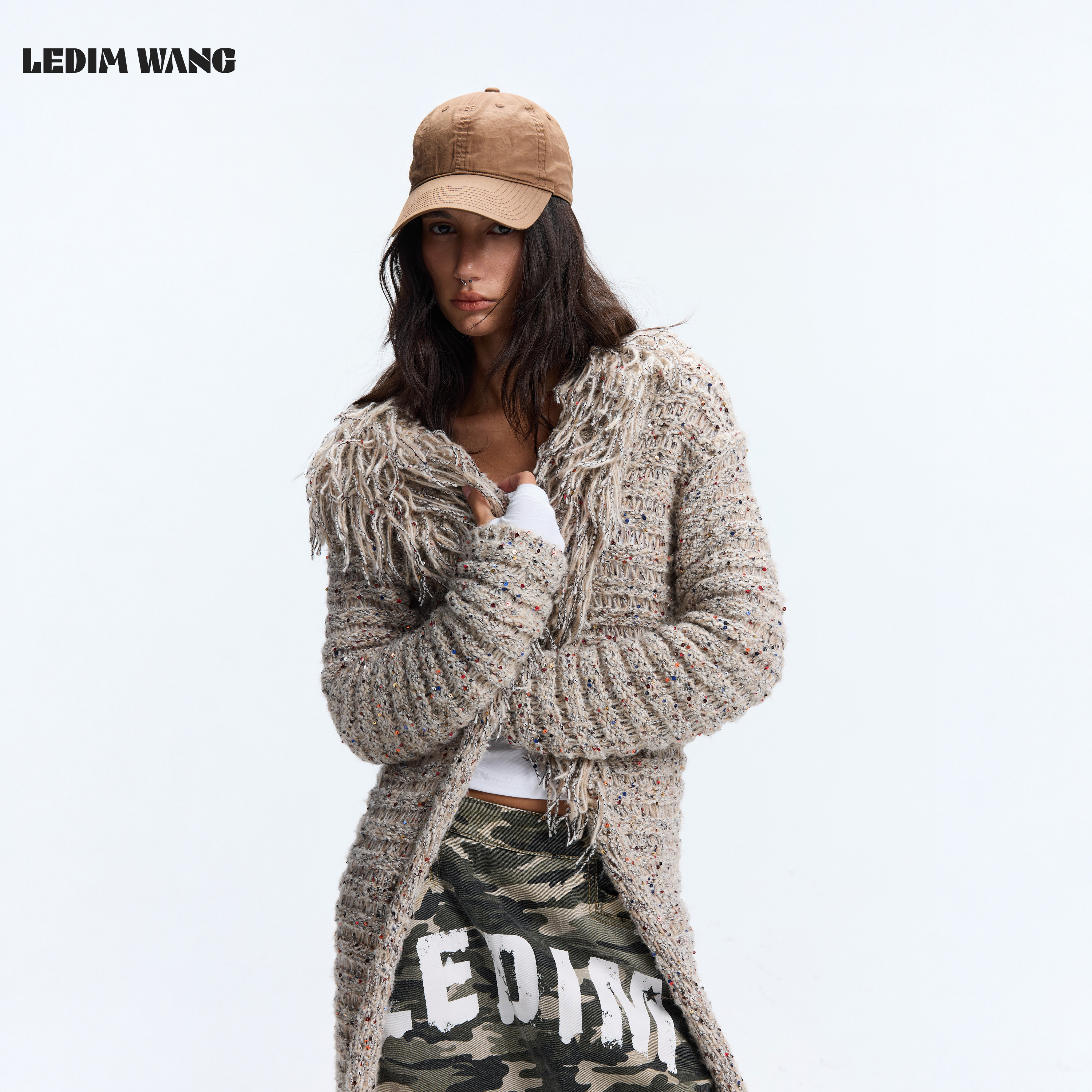 LEDIM WANG珠片混纱落肩针织衫女中长款宽松长袖外套2026秋冬新款