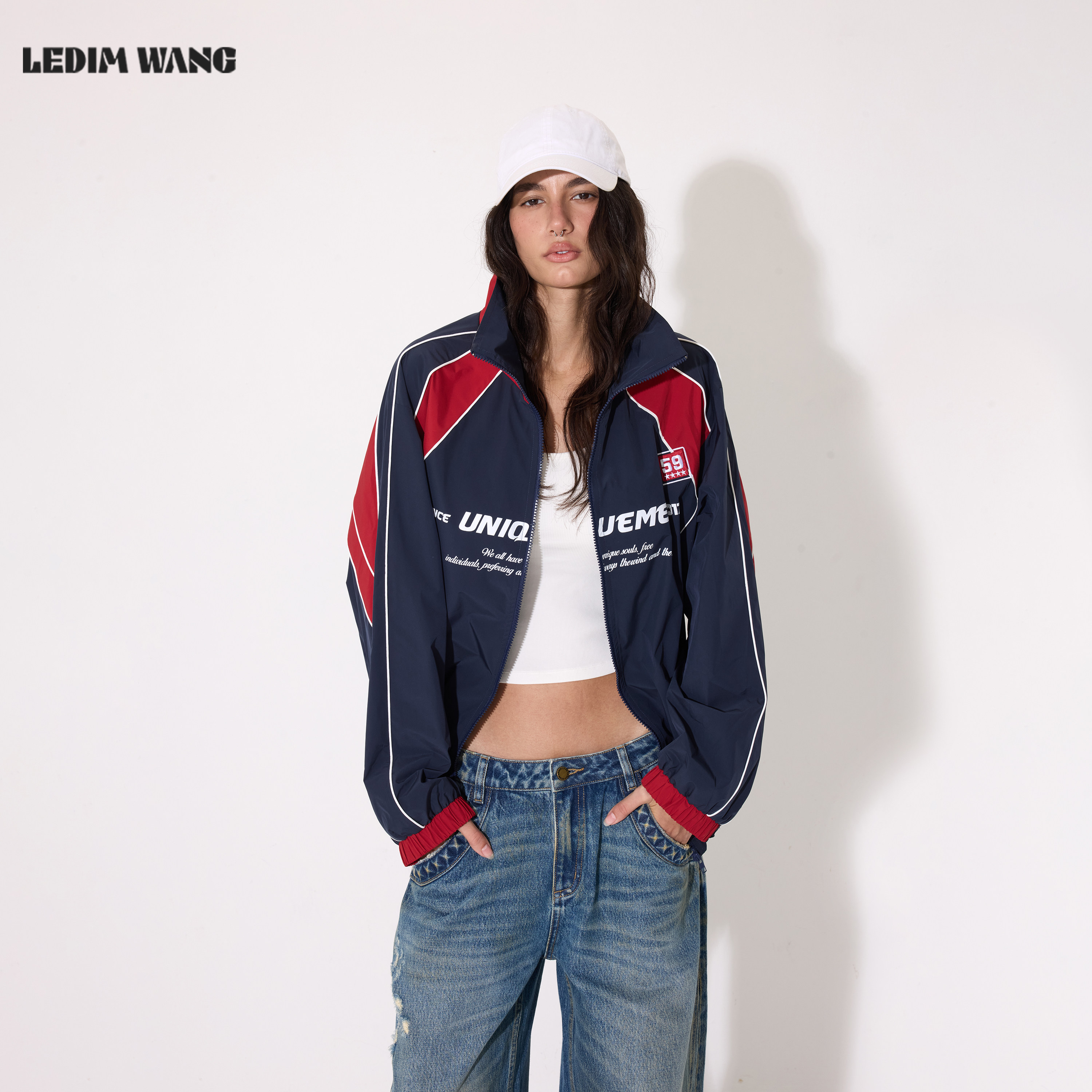 LEDIM WANG阿普瑞风撞色拼接外套女藏蓝色休闲运动上衣26秋季新款