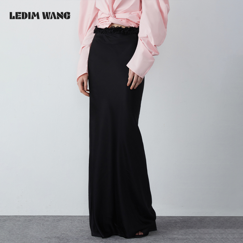 LEDIM WANG立体花瓣醋酸黑色半裙女2024春夏季新款设计师原创长裙