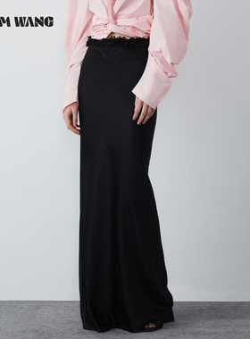 LEDIM WANG立体花瓣醋酸黑色半裙女2024春夏季新款设计师原创长裙