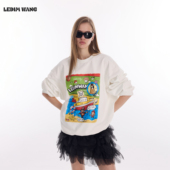 LEDIM 套头圆领白色百搭上衣 新款 WANG漫画印花长袖 卫衣女2026春季