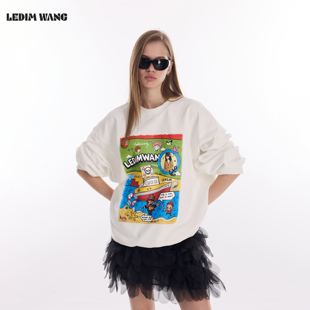 新款 卫衣女2026春季 套头圆领白色百搭上衣 WANG漫画印花长袖 LEDIM