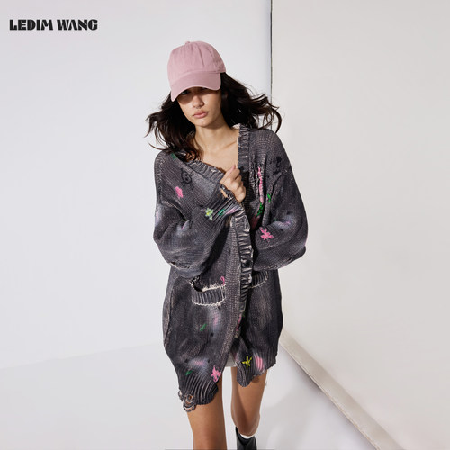 LEDIMWANG复古街头感开衫毛衣女