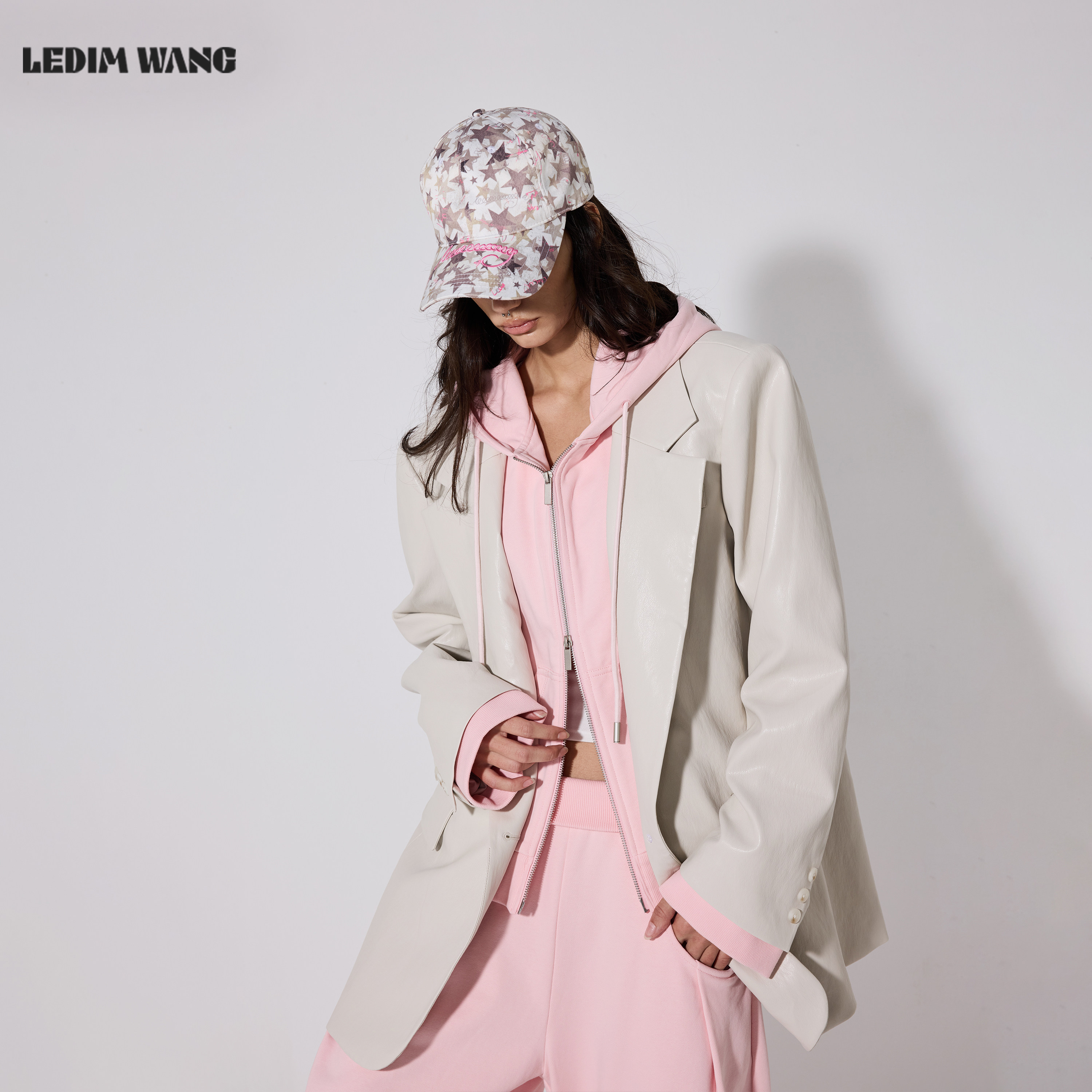 LEDIM WANG假两件PU皮衣外套女连帽长袖休闲西服上衣2026秋季新款