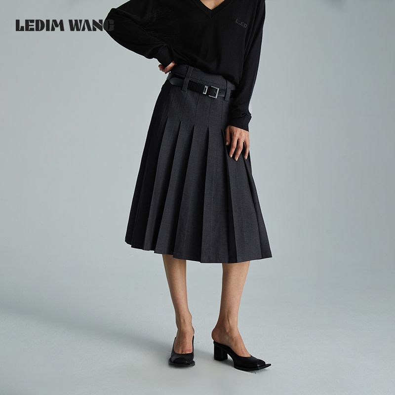 LEDIM WANG灰色中长款半身裙女2024秋季新款百搭高级感气质百褶裙