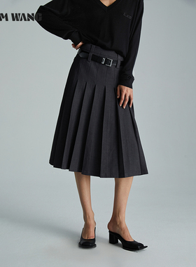LEDIM WANG灰色中长款半身裙女2024秋季新款百搭高级感气质百褶裙