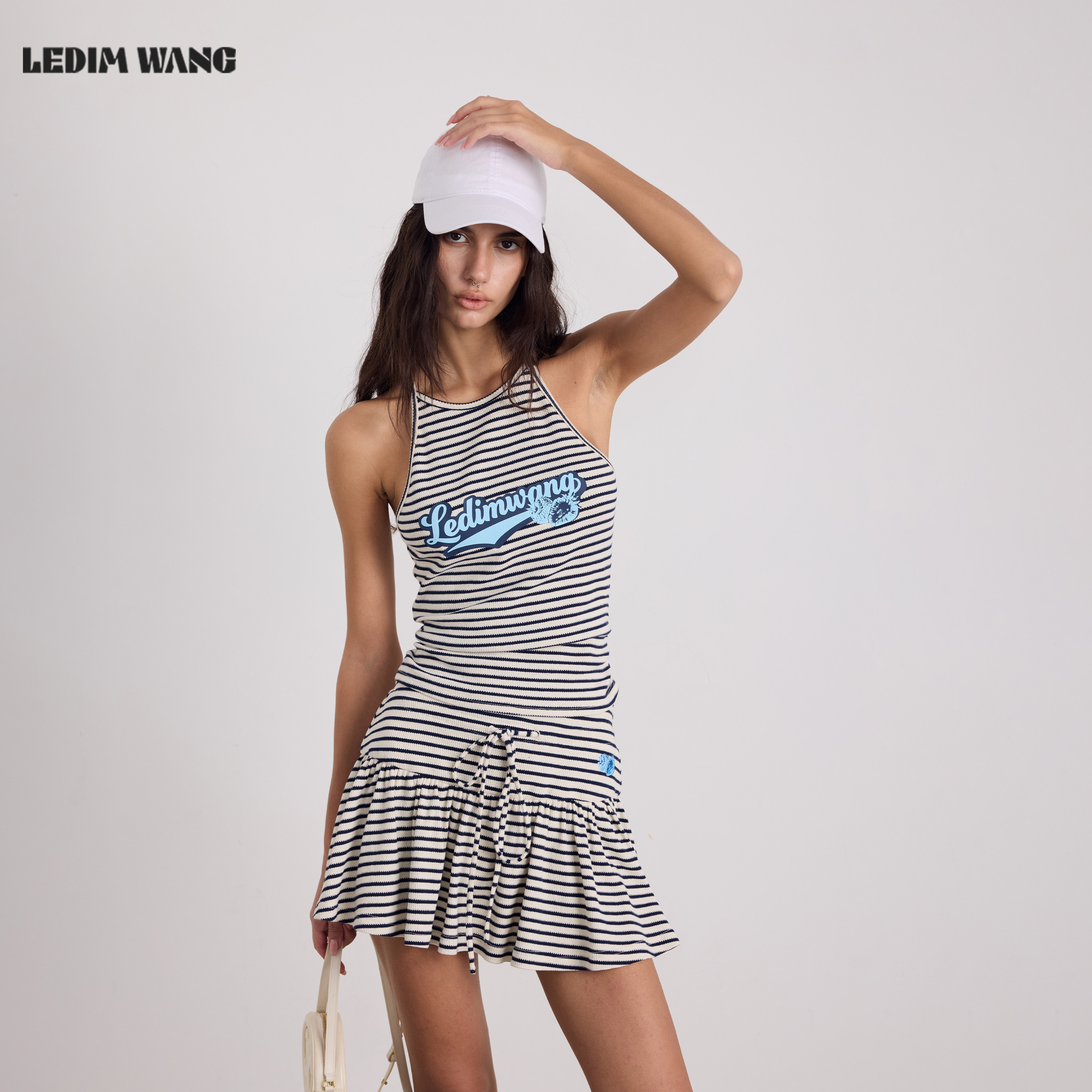 LEDIM WANG夏季美式条纹套装女工字吊带背心/运动短半裙26夏新款