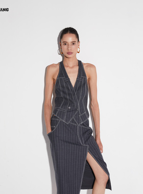 LEDIM WANG黑标/高智风不对称条纹修身背心2025秋新款女灰色马甲