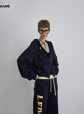 LEDIM WANG红标休闲纯棉卫衣开衫外套女25冬新款藏蓝色可拆卸上衣