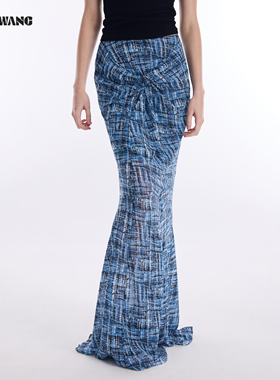 LEDIM WANG度假风鱼尾半身裙女2026春季新款蓝色雪纺纽结修身长裙
