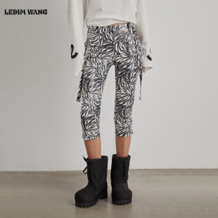皮裤 斑马纹机能工装 六分裤 女25秋冬新款 LEDIM 紧身中裤 WANG白标