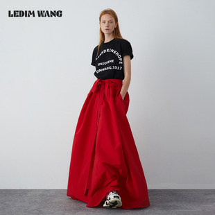 WANG红色飘带半身裙女独特别致氛围感大摆长裙 LEDIM 明星同款