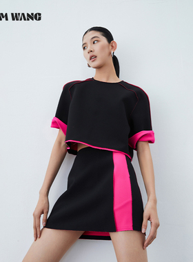 LEDIM WANG撞色毛边T恤女2024春夏新款设计师原创宽松型短款上衣