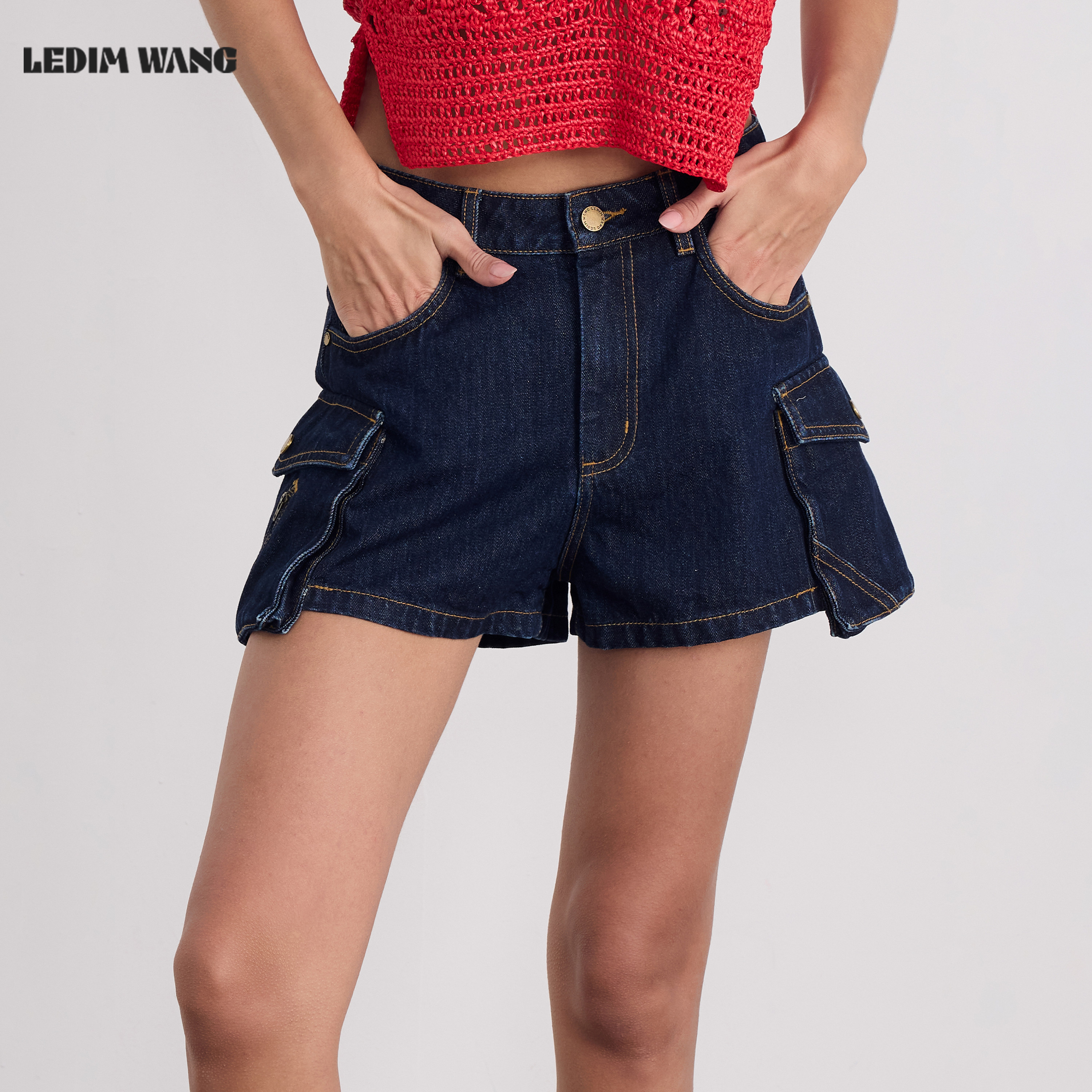 LEDIM WANG纯棉工装贴袋牛仔短裤女款直筒日常通勤百搭26春夏新款