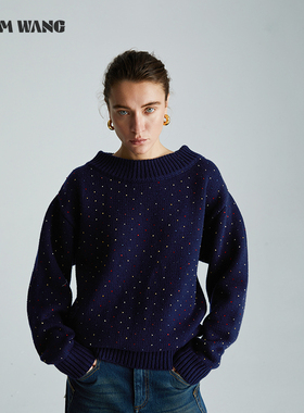 LEDIM WANG绵羊毛彩钻套头毛衣女2024秋季新款慵懒高级感蓝色上衣