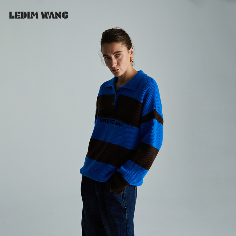 LEDIM WANG美式撞色条纹套头毛衣女2024秋季新款慵懒感学院风上衣