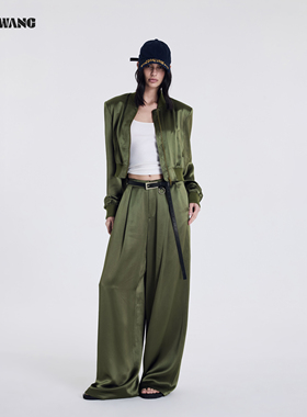 LEDIM WANG垂感醋酸时尚套装女2026春夏新款军绿色夹克外套阔腿裤