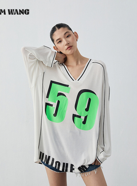 【明星同款】LEDIM WANG撞色美式印花T恤女薄款防晒衫夏季新款