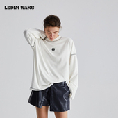 内搭打底宽松圆领长袖 LEDIM WANG毛巾绣撞色纯白T恤女秋冬新款