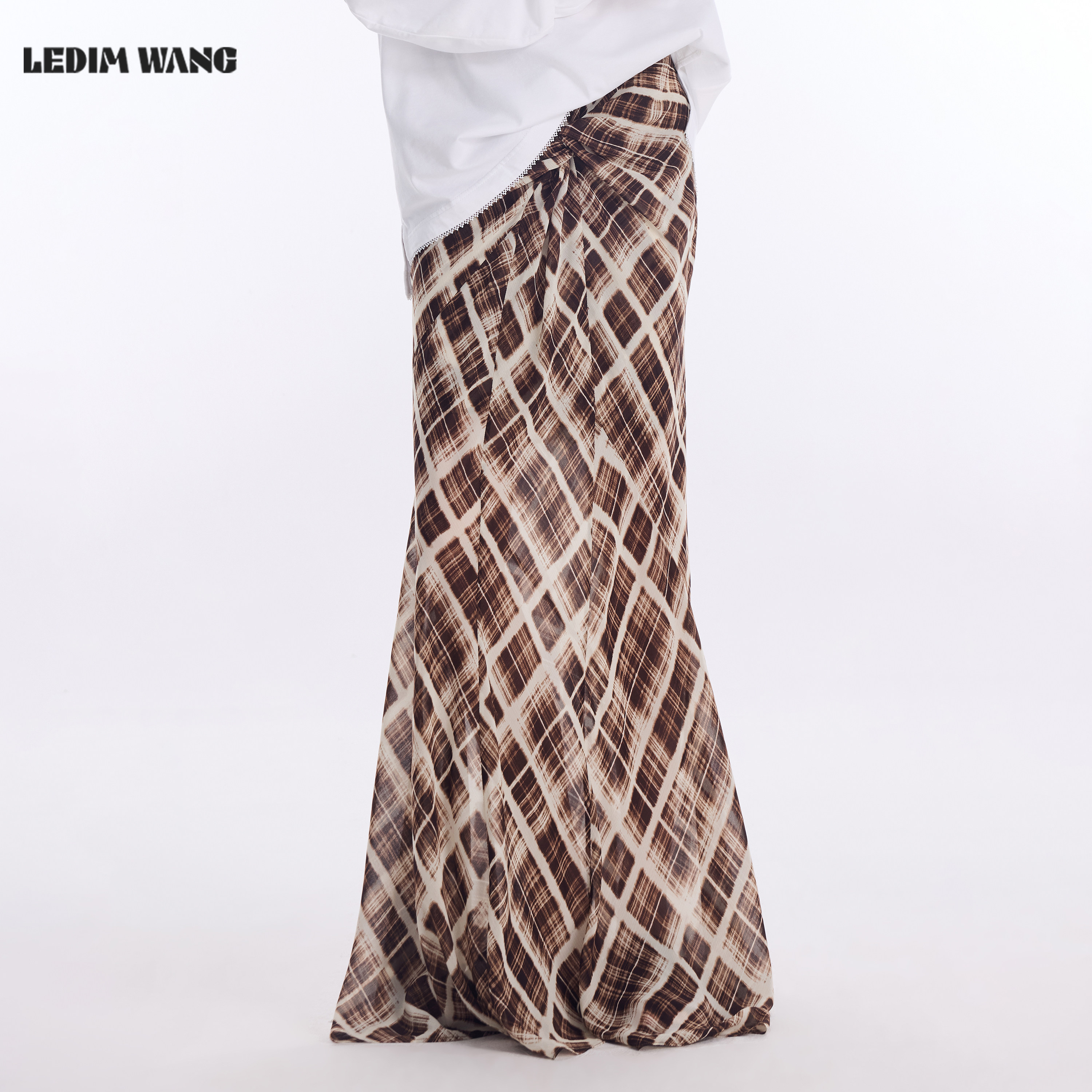 LEDIM WANG度假风鱼尾半身裙女2026春季新款咖色雪纺纽结修身长裙,女装/女士精品,半身裙,淘宝优惠券,粉丝福利购,淘宝优惠卷