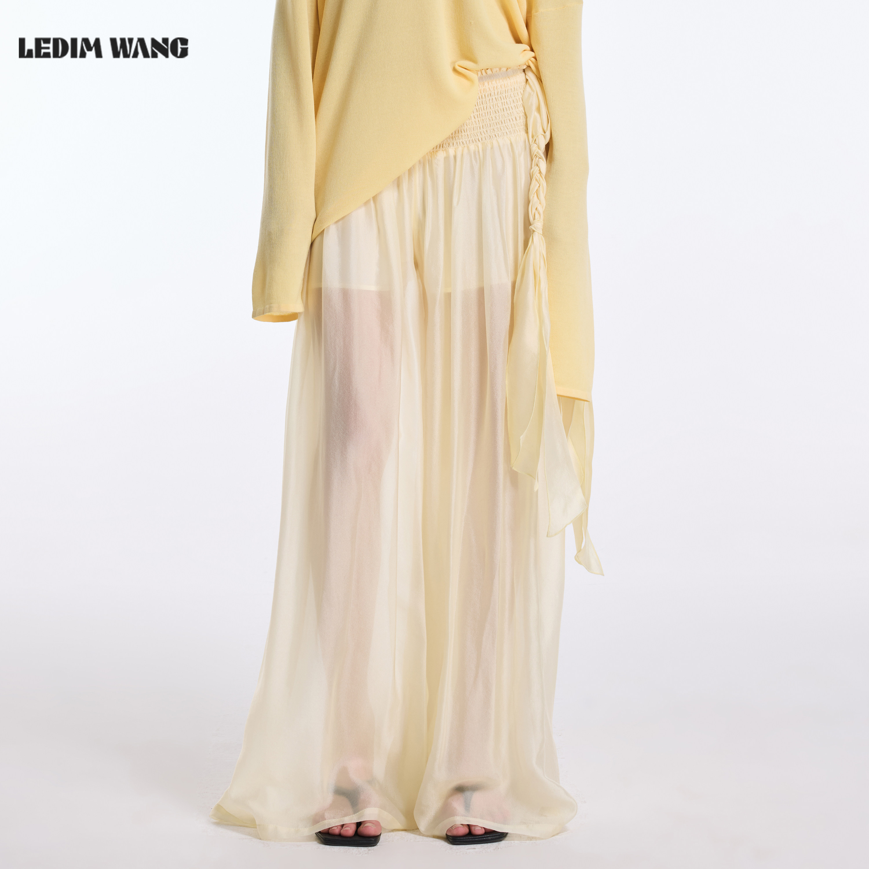 LEDIM WANG流绪飘带休闲裤女款26春夏新款黄色宽松微透阔腿裤子