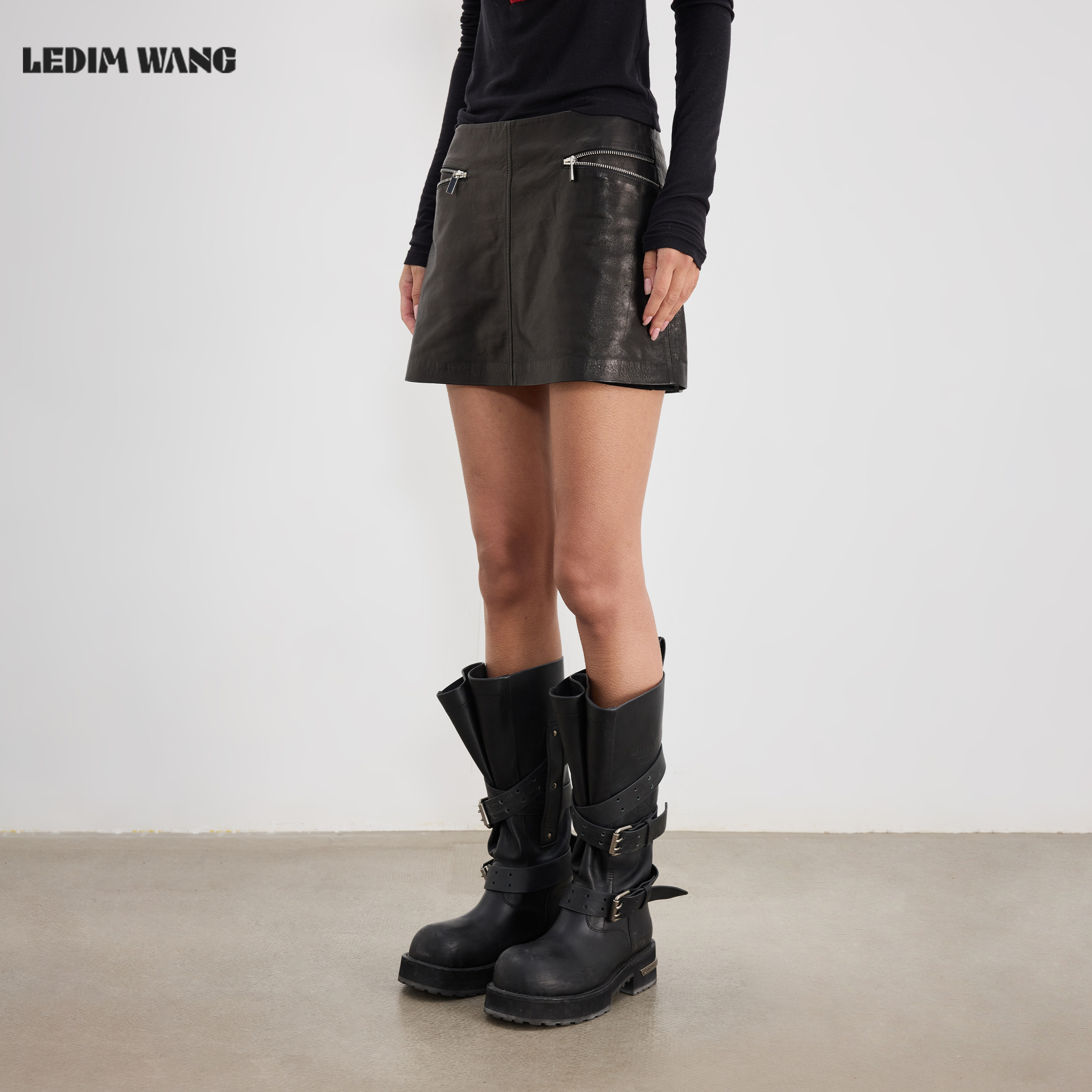 LEDIM WANGA型真皮半身裙皮裙2026夏季新款低腰拉链装饰黑色短裙