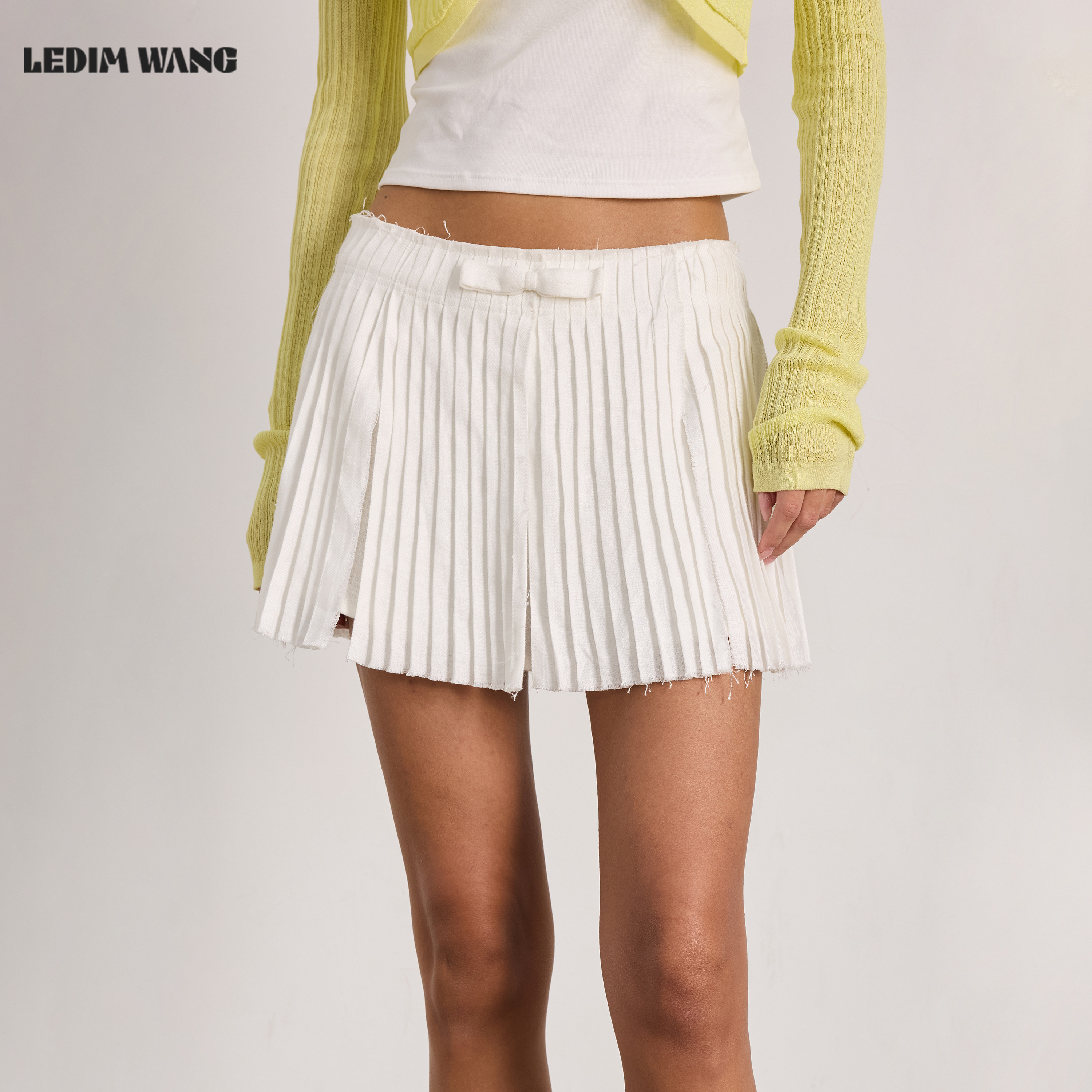 LEDIM WANG松弛老钱风亚麻半身裙女白色百褶裙裤A字短裙26夏新款