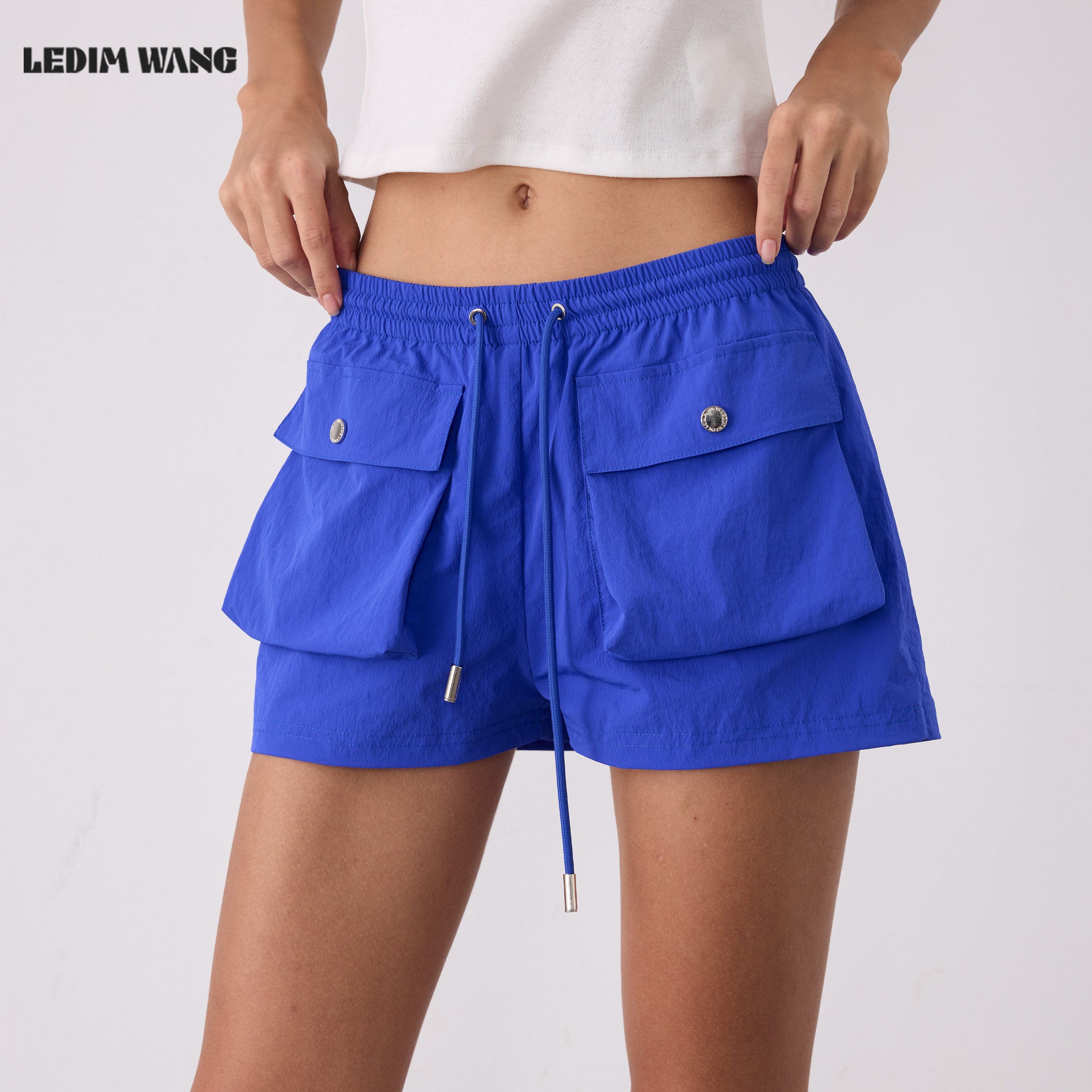LEDIM WANG手工装口袋休闲裤短裤女蓝色松紧腰百搭松弛26夏季新款
