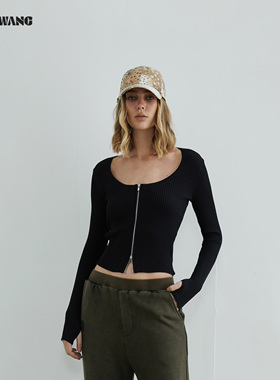 LEDIM WANG白标/百搭修身U领开衫针织衫女25秋冬黑色贴身长袖上衣