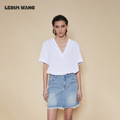 高端T恤女春夏撞色白上衣 WANG淡人蕾丝V领短袖 明星同款 LEDIM