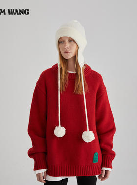 【明星同款】LEDIM WANG红色针织毛衣女新年战袍舒适冬季新款慵懒