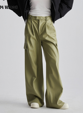 LEDIM WANG立体袋阔腿休闲裤女2024秋季新款柔软亲肤豆绿色皮裤