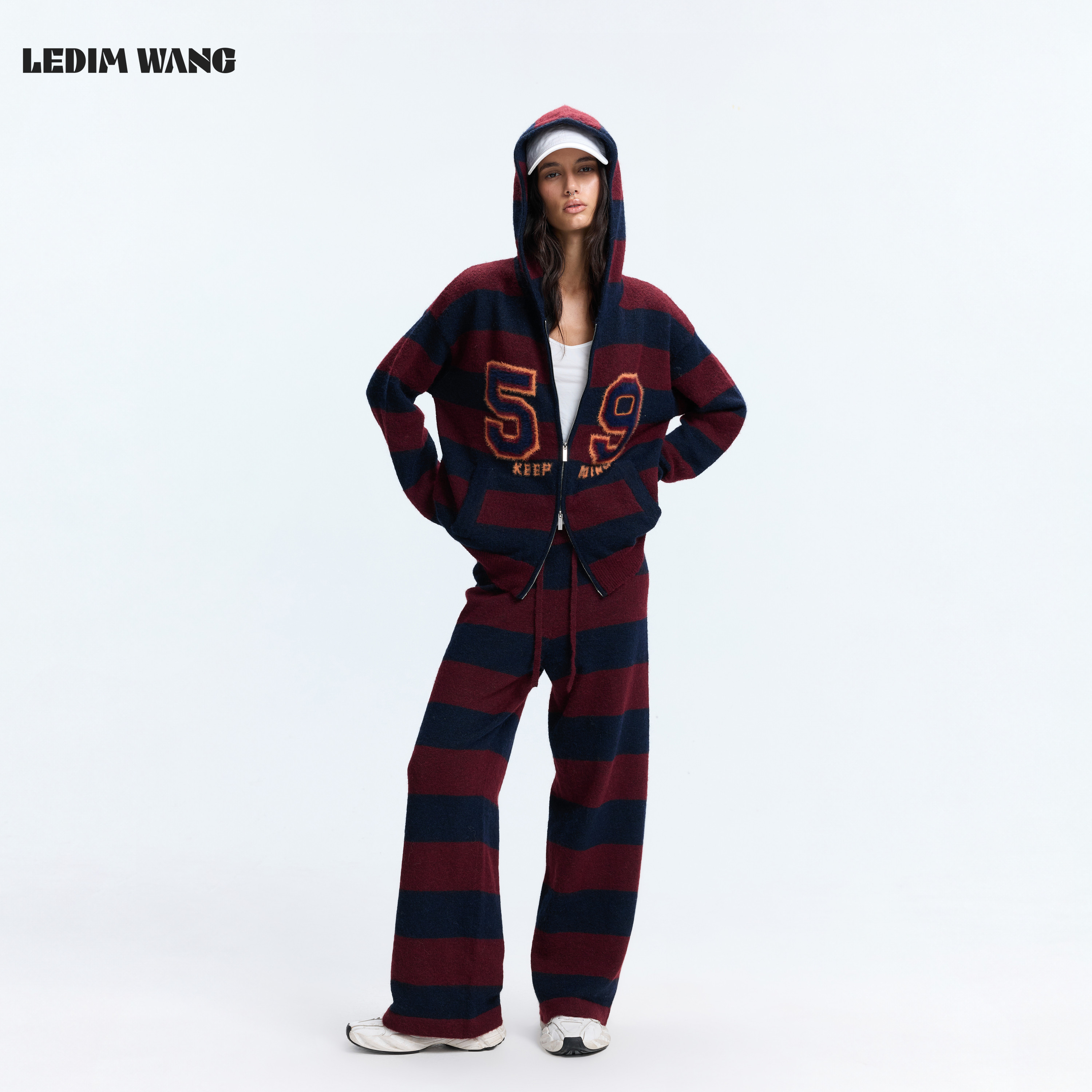 LEDIM WANG软糯条纹连帽时尚套装女外套长裤26秋冬新款宽松两件套
