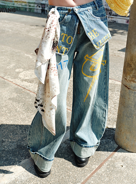 【明星同款】LEDIM WANG搭片牛仔裤男女同款25秋冬印花阔腿长裤