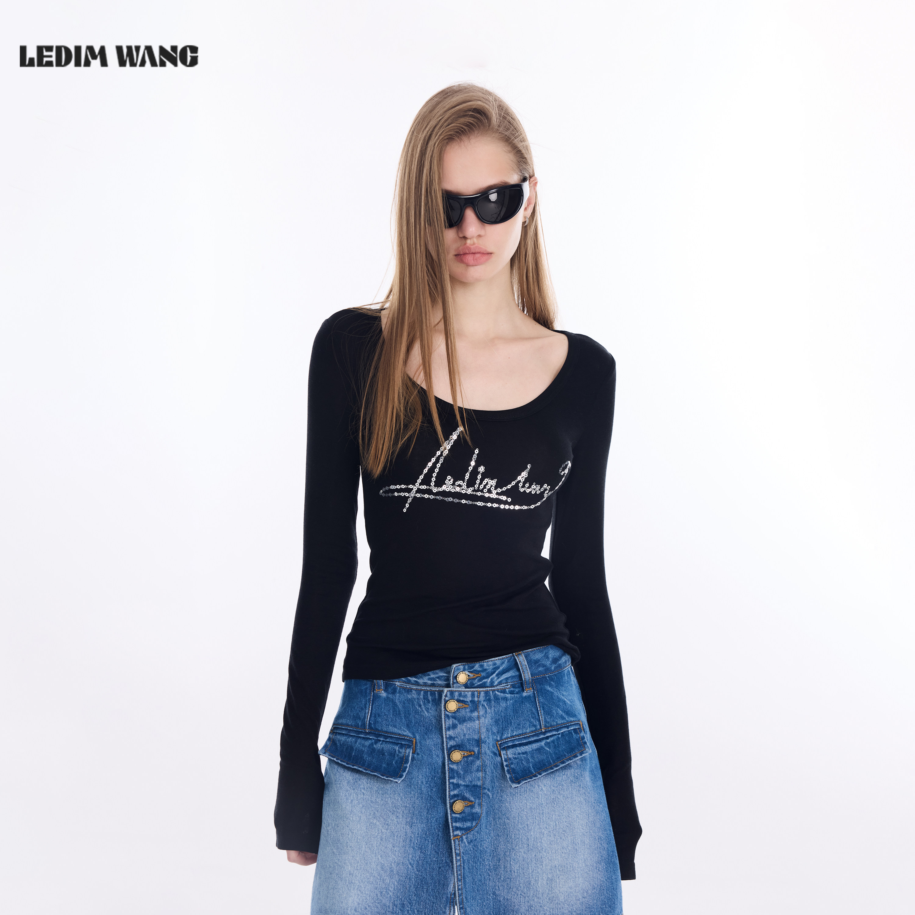 LEDIM WANGU领长袖毛针织衫女2026春新款黑色莱赛尔羊毛修身上衣,女装/女士精品,毛针织衫,淘宝优惠券,粉丝福利购,淘宝优惠卷