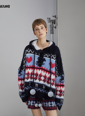 【明星同款】LEDIM WANG圣诞穿搭费尔岛毛衣女25冬藏蓝连帽新款