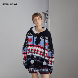 WANG圣诞穿搭费尔岛毛衣女25冬藏蓝连帽新款 LEDIM 明星同款