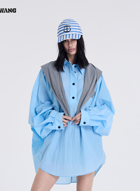 LEDIM WANG海军风可拆卸连帽套头衬衫女2026春夏新款蓝色宽松衬衣