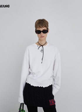 LEDIM WANG白标/重工刺绣T恤女2025秋冬新款内搭白色T形长袖上衣