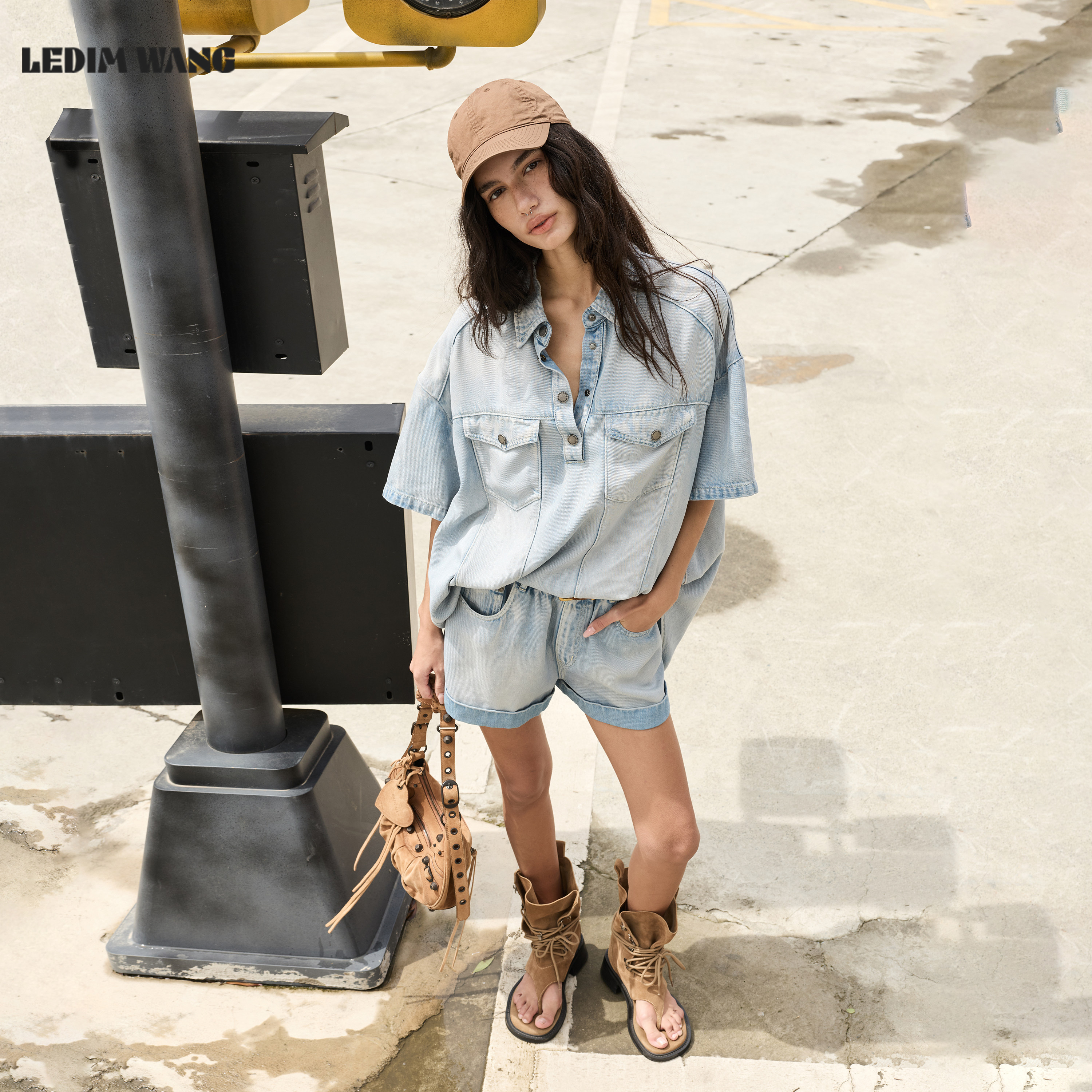 LEDIM WANG垂感软牛仔套装女26夏新款莱赛尔天丝凉感衬衫牛仔短裤