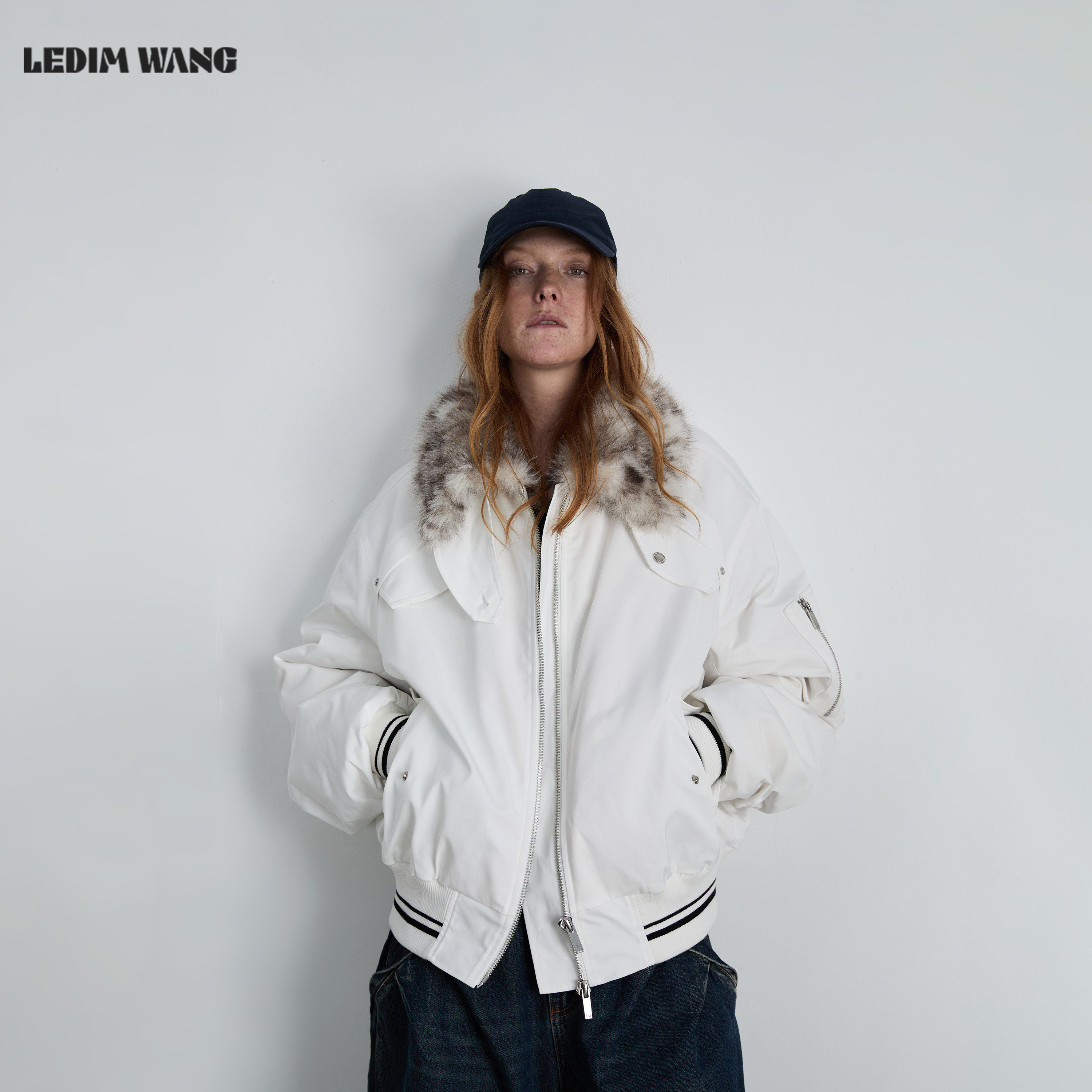 LEDIM WANG动物纹仿皮草女25秋冬白色毛领棒球夹克外套毛绒内胆,女装/女士精品,皮草,淘宝优惠券,粉丝福利购,淘宝优惠卷
