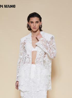 LEDIM WANG白色蕾丝镂空西装新款宽松直筒休闲百搭气质西服外套女