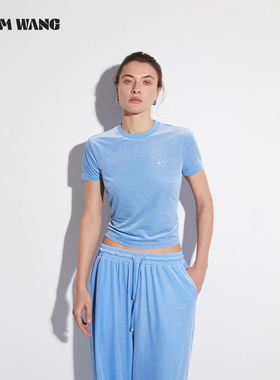 【明星同款】LEDIM WANG白标/丝绒圆领T恤女2025新款蓝色短袖上衣