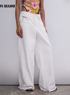 LEDIM WANG白标/烫钻拼接白色牛仔裤女2025秋季新款直筒休闲长裤