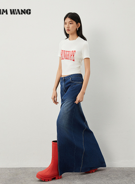LEDIM WANG线迹牛仔开叉半裙2024春夏新款纯棉复古洗水休闲鱼尾裙